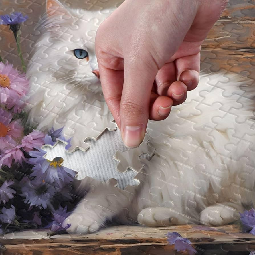 Amazon.com: XYMZR Purple Flower White Cat Jigsaw Puzzle 1000